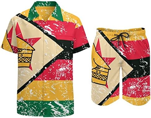 Флаг Зимбабве в Ретро стил, Мъжки Хавайски Комплект от 2 теми, Ризи с къс ръкав Копчета, Плажни Панталони на Свободния Намаляване, Тениски, Спортен Костюм