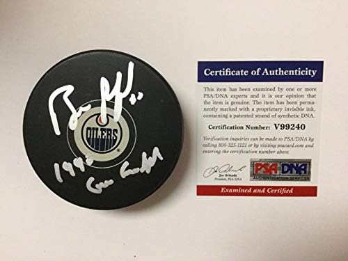 Бил Рэнфорд подписа хокей шайба Едмънтън Ойлърс PSA/DNA COA с автограф a - за Миене на НХЛ с автограф