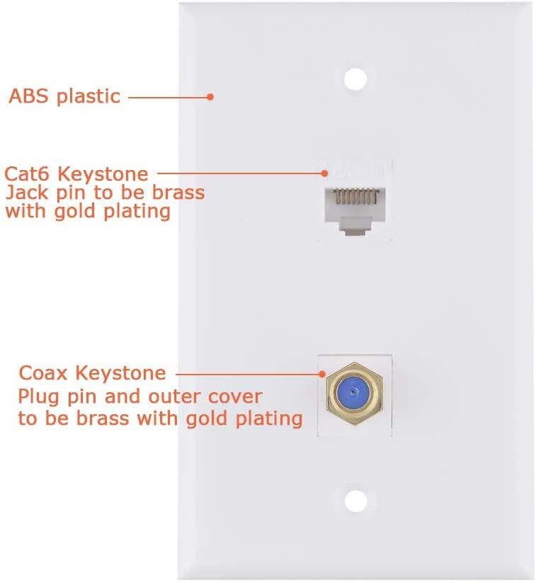 Коаксиална стенни плоча, Ethernet, 1 порт Cat6 Keystone, 1 Порт Конектор тип F, Коаксиален конектор Keystone за да се свържете с фаянс плоча
