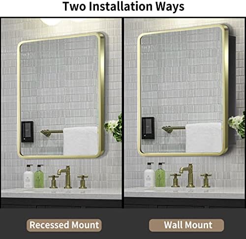 Шкаф за лекарства в банята Movo Gold Метална рамка 24 x 30 См с Огледало, Алуминиеви Огледала за Суета в Фермерска къща, Инсталиране във Ваканция или на повърхността