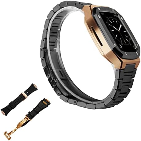 Комплект модификация TRDYBSK за Apple Watch 7 45 мм и каишка от неръждаема стомана Калъф за iWatch Series 6 SE 5 4 44 мм Комплект гумени кожени ленти (Цвят: black rose gold-B, размер: 45 mm)