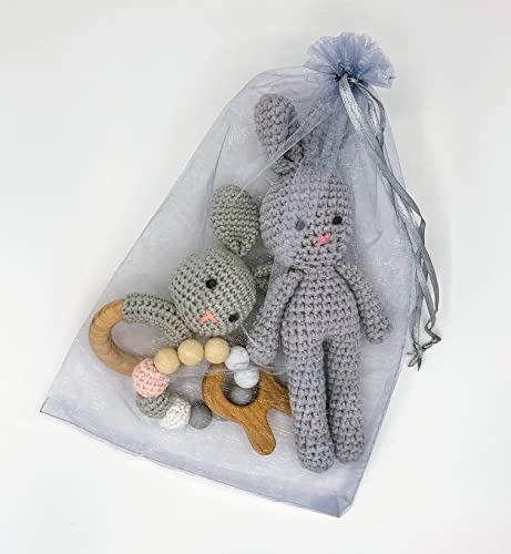Подаръчен Комплект за Детски играчки, свързани с плетене на една кука, от естествен бук и памук, Плюшено Зайче, Пръстен За никнене на млечни зъби с М и Дървена прорез
