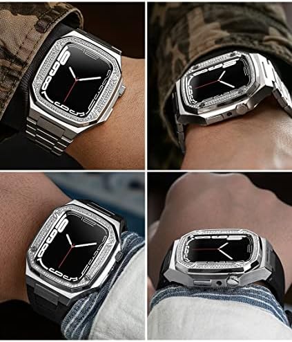 CNHKAU Комплект модификация каишка с диаманти САМ за Apple Watch Band 8 7 6 Метална каишка от Неръждаема стомана 45 mm 41 мм, гумена каишка за часовник iWatch 44 мм (Цвят: GW-Диаманти, раз
