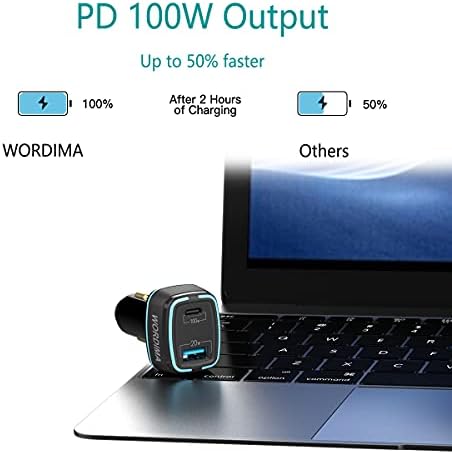 120 W Супер Бързо зарядно устройство, WORDIMA Зарядно за Кола PD100W Бързо Зарядно устройство с две пристанища PPS PD3.0 QC5.0 SCP Запалката USB Адаптер е Съвместим с MacBook Pro, iPad, iPhone, Sam