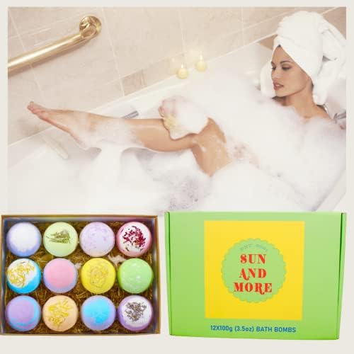 Подаръчен комплект Sun And More Bath Бомби 12 -Натурални Ароматни Бомбочки за вана С мехурчета - Грижа за кожата -Подмладяване
