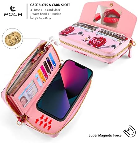 Многофункционална чанта-портфейл nincyee за iPhone 13, Голям Капацитет, Кожен Калъф-клатч джоб с Цветя Модел, Розов