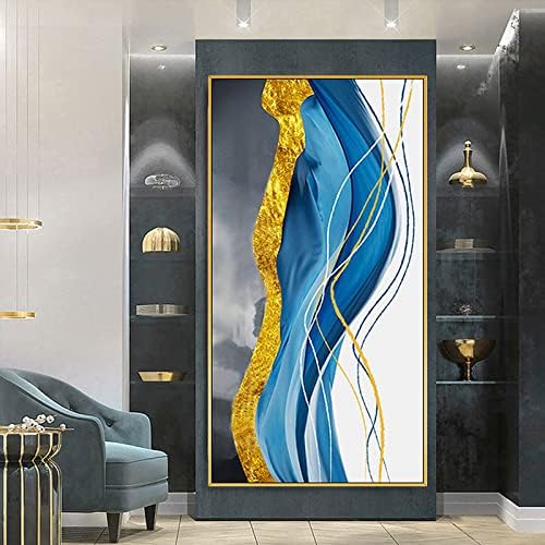 Ръчно Рисувани, Текстурирани Модерна Живопис - Абстрактна Синя Златна Фолио, Луксозен Вертикален Фон На Платното, Стенно Изкуство,