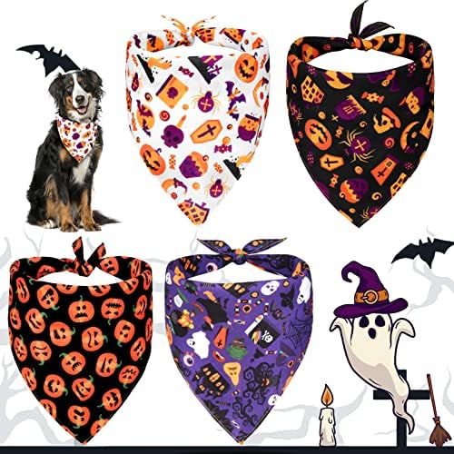 ZEFAN 4 Опаковки Bandhan за кучета за Хелоуин, Престилки с Тиква и Паяжини, Кърпа за Украса на парти за Хелоуин, Мек Удобен Триъгълен