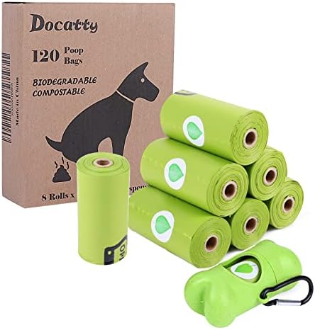 Торбички за кучешки какашек Docatty, 8 Ролки, Опаковка от 120 Биоразградими и компостируемых пакети за боклук с размер 9 х 13 см