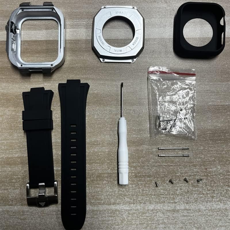 CNHKAU 44 мм Луксозен комплект модове за Apple Watch Band 8 7 45 мм Метална рамка за iwatch Series 6 SE 5 4 Силиконов каишка Стоманен