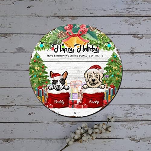 Весел Коледен Венец Знак Потребителското си Име Кучета Весели Празници Дървена Кръгла Метална Лидице Табела Врата Декор на Коледа Потертая Метална Табела за Дома