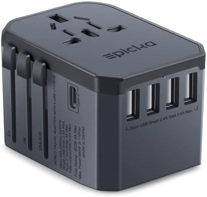Универсален Адаптер за пътуване EPICKA One International Wall Charger AC Plug Adapter с 5,6 A Smart Power и 3.0 A USB Type-C за САЩ, ЕС, Великобритания, Австралия (TA-105, Космически сив)