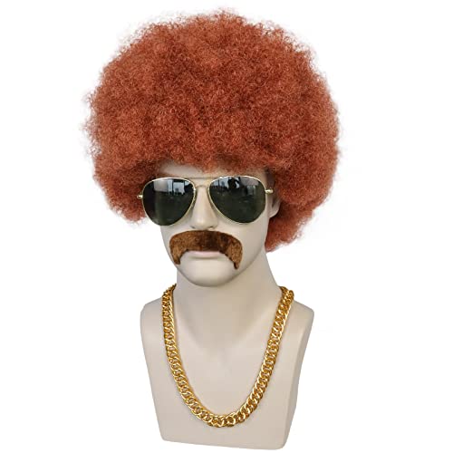 Капачка за коса Anogol + Комплект от 4 теми с перука в стил Афро, Мъжки червено-кафяви перуки {1 Перука + 1 Очила + 1 Верига