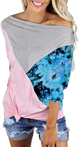 Дамски тениски с Однотонным деколте и принтом в стил Мозайка, Контрастиращи Свободни Ежедневни Ризи с дълъг ръкав Три Четвърти, Дамски Тениски
