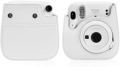 Калъф за фотоапарат Blummy от изкуствена кожа, съвместим с камера за миг печат Fujifilm Instax Mini 11, с Регулируема каишка и джоб (бял)