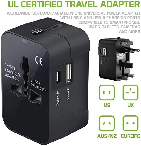 Международен захранващ адаптер USB Travel Plus, съвместима с Acer Iconia Tab От 8 А1-840FHD за захранване на 3 устройства по целия свят USB TypeC, USB-A за пътуване между САЩ /ЕС /AUS/NZ/UK / КН (че?