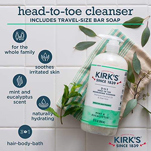 Течен сапун Kirk's 3-в-1 Castile, Почистващ Шампоан от главата до петите, Сапун за лице и тяло за мъже, жени и деца | С аромат на