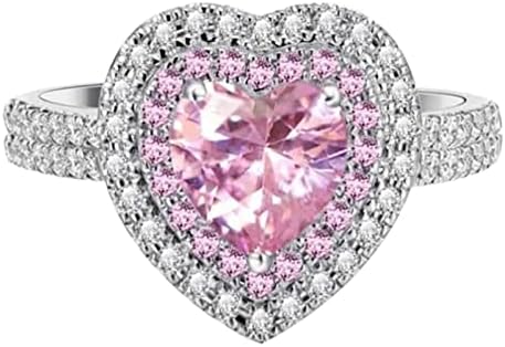 2023 Ново Напълно Розов диамантен Пръстен Zir-con във формата на Сърце, Женски Пръстен, Комплект бижута (Розово, 9)