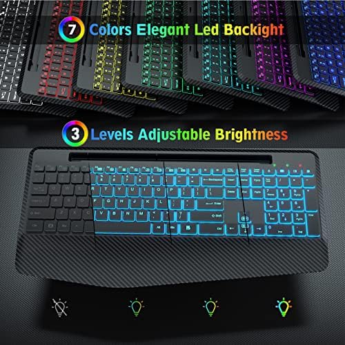 Безжична клавиатура SABLUTE с 7 Цветни подсветками, Поставка за китките, Компютърна подсветка 2,4 G с Държач за телефон, Акумулаторна пълен размер Ергономична клавиатур?