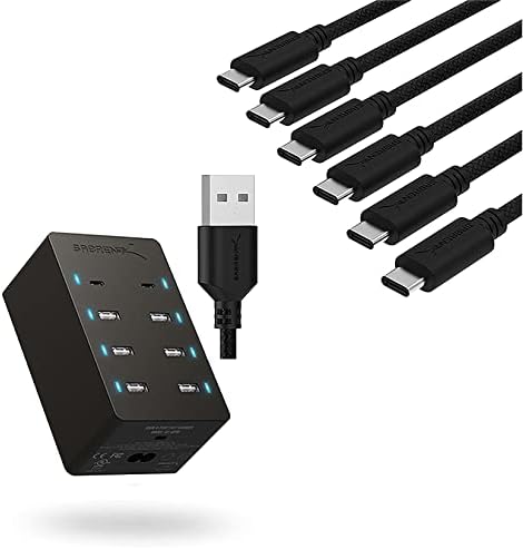 Зарядно устройство SABRENT мощност 100 W, 8 порта USB Rapid Charger [Сертифициран от UL] - Включва 2 PD + [6 бр] от Премиум-клас на 6-подножието на кабели за синхронизация и зареждане USB-C-