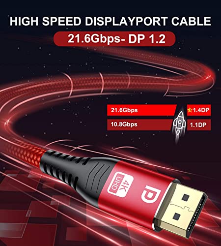Кабел sweguard Displayport дължина 6,6 фута [4K при 60 Hz, 2K при 165Гц 144Гц], кабел DP 1.2 Високоскоростен Позлатен кабел DP в найлонов