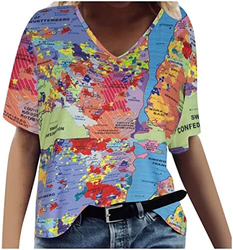 Блузи за Жени Лято Есен Къс Ръкав Vneck Карта Печат на Блузи и Ризи, Дамски Дрехи, Мода 11