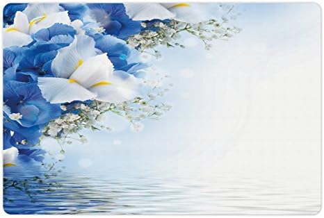 Foldout Бяло-Синя Подложка за домашни за храна и вода, Синя Хортензия и Бели Ириси Над морето, Романтичен букет Dreamy, Правоъгълен