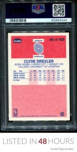 1986 Fleer #26 Clyde Drexler Rc Hof Trail Blazers Psa 9 Dna Auto 10 K1020485-340 - Баскетболни картички с автограф
