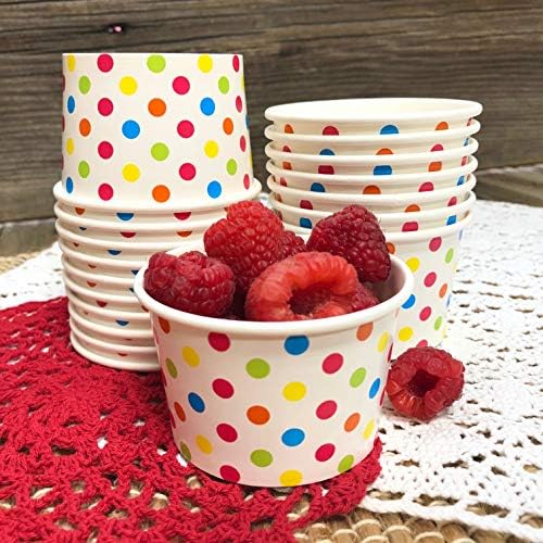Комплект за сладолед с плодове - Картонени чаши на точки в 8-унция - Пластмасови лъжици - Хартиени чадъри - Син Оранжев Жълт Зелен - 24 бр