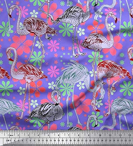 Памучен трикотажная плат Soimoi с флорални принтом и птици фламинго в двора Ширина 58 см