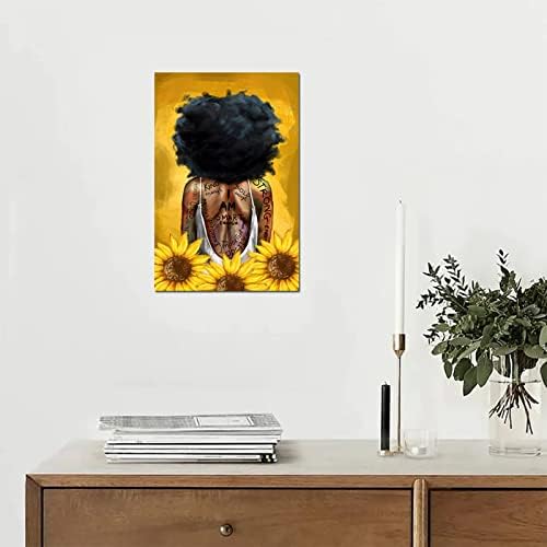 Черната Кралица на Стенно Изкуство Афроамериканское Монтиране на Изкуството на Черната Кралица Плакат с Подсолнухом и Щампи Портрет
