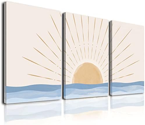 Стенен арт-колекция в стил бохо от 3 теми, Неутрално Геометрично Слънцето, Изгрева над морето, Минималистичные Артистични Щампи върху Платно в Рамка, Модерен Стенен