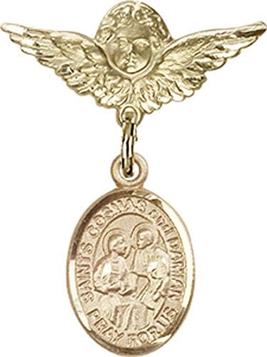 Иконата за детето Jewels Мания за талисман на Sts. Cosmas & Damian и икона на Ангел с крила | Икона за дете от 14-каратово злато с талисман
