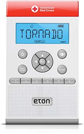 Метеорологично радио Eton - American Red Cross ZoneGuard, Бял, Сирена / Зумер (90 db), 3-цветен led сигнална лента, LCD дисплей, Подвижна стойка за маса, захранващ адаптер за променлив ток с