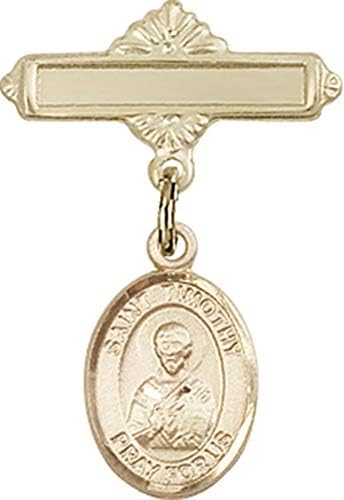Детски икона Jewels Мания за талисман на Свети Тимотей и полирани игла за бейджа | Детски иконата със златен пълнеж с амулет Свети Тимотей