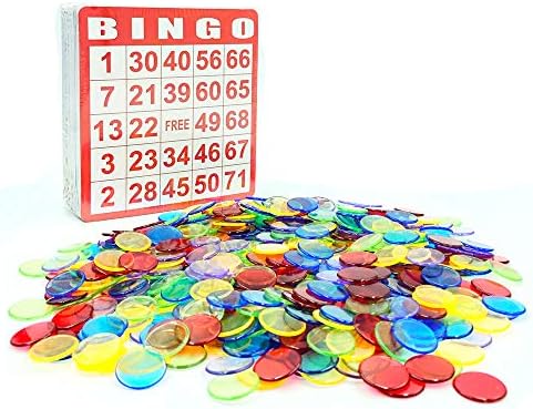 Игри набор от Yuanhe Бинго с 50 карти за бинго и 500 Разноцветни Прозрачни чипове за бинго