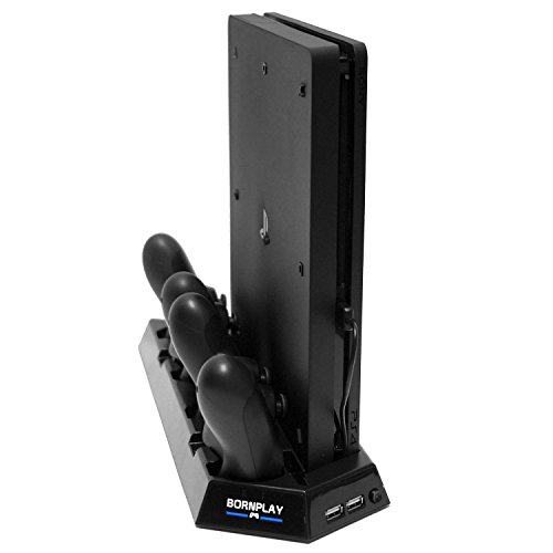 BORNPLAY Slimstation: Тънка вертикална поставка за PS4 с охлаждащ вентилатор двойно зарядно устройство устройство за контролери - Включва USB-hub (портове)