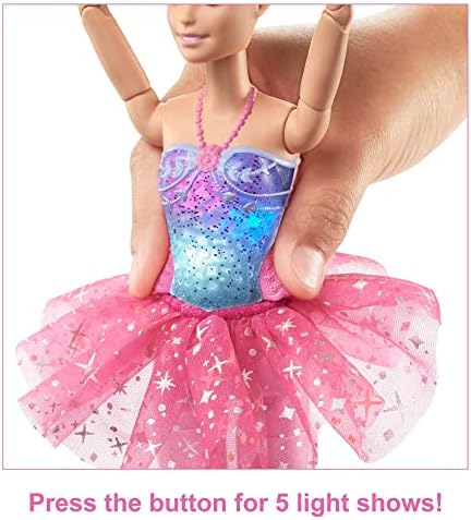 Кукла Барби Dreamtopia, Балерина с възможност за инсталиране на Блещукащите светлини с 5 Световыми шоу, Лъскава Розова поличка, Руса Коса