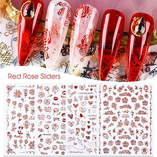 6 Листа Червена Дъга Розата е Цветето на Стикер За Нокти В Свети Валентин Декорация За Нокти Апликация 3D Метал Червен Свети