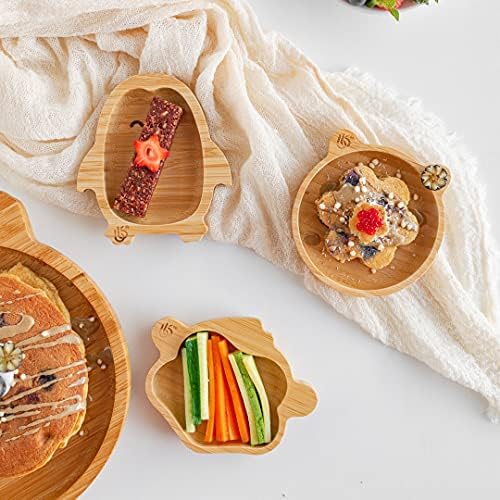 Малки бамбукови тарелочки за деца, Бамбукови детски тарелочки от 3 теми за лека закуска и отбиване на бебето от гърдите