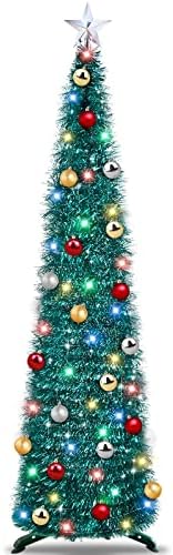 TURNMEON 6 фута блестящ молив с осветление, таймер за украса на Коледната елха, 30 топки, 80 цветни светлини, звезда, работеща