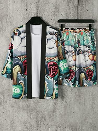 Мъжко облекло от две части, мъжко Кимоно с изображение на анимационни и китайски букви и Шорти без тениски (Цвят: многоцветен, Размер: Голям)