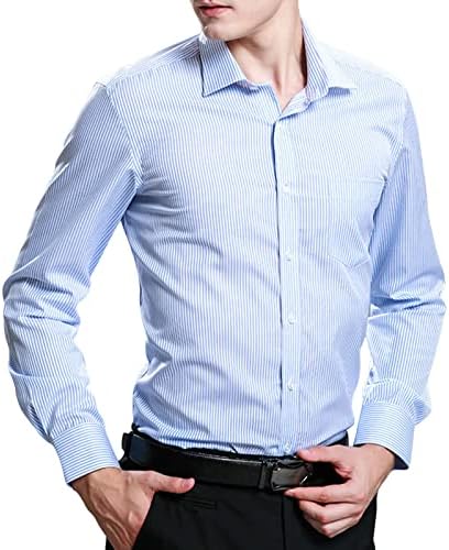 Мъжки Ризи с копчета и дълъг ръкав, Обикновен Памучен Леки Ризи Slim Fit, Класическа Стилна Делова риза (Синьо, 3X-Large)