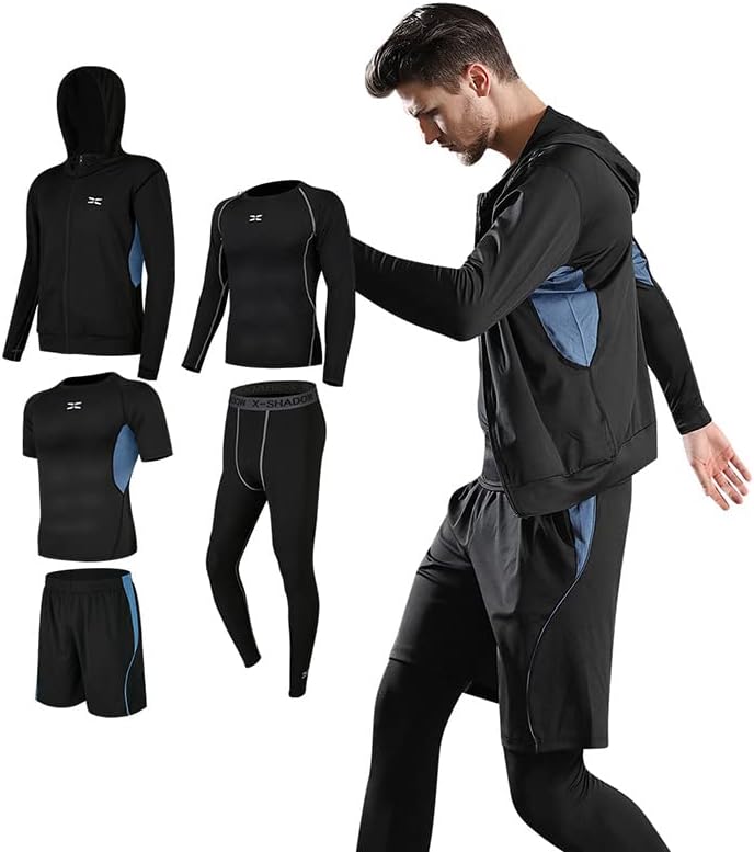 Черен мъжки спортен костюм, Мъжки Облекла за бягане и фитнес от пет елементи, Яке с къс ръкав, Бързосъхнеща Тениска, Спортни дрехи,