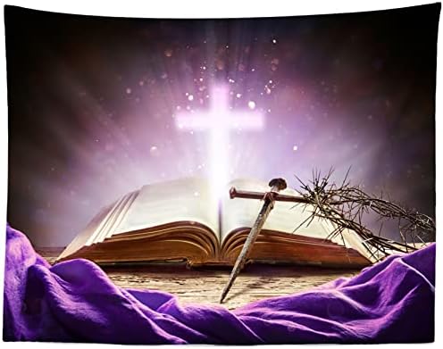 BELECO 7x5ft Текстилен Фон с Библейски Кръст, Лилаво Свети Светлина, Светлината е Разпънат на кръст, Венец от тръни, Вяра в Бога,