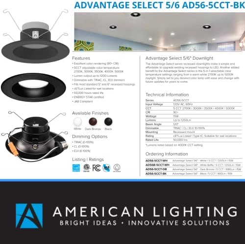 American Lighting AD56-5CCT-BK; 120 Волта, LED, 15 W, Осветителни тела с регулируема яркост Предимство Select; 5-CCT 2700-5000 ДО 900 Lm, 5/6 см; 90CRI, черен, за търговски, жилищни помещения (2 опаковки)