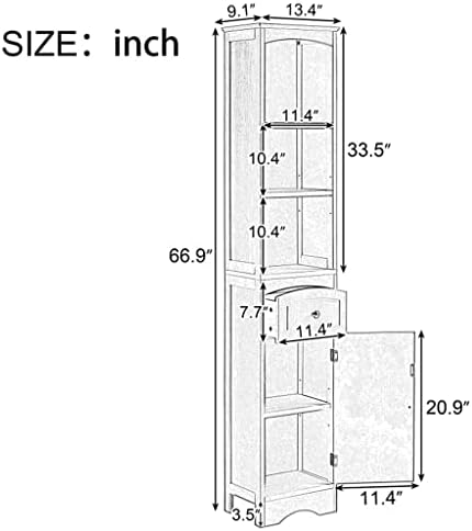 ZLXDP Отделно Стоящ Шкаф за Съхранение Баня с чекмеджета от МДФ с Регулируеми Рафтове Висок Шкаф за Баня Сив