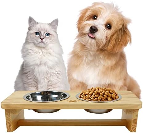 Купа Babion за кучета и котки, Бамбук Подвесная Поставка за храна и вода за кучета, с Каишка за защита от преобръщане, 2 Чаши от неръждаема