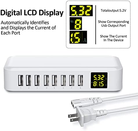 USB Зарядно устройство, 8-Пристанище Бързо зарядно устройство Slitinto с LCD дисплей, Мулти USB Зарядно, Съвместимо с iPhone 13/13 Pro/12