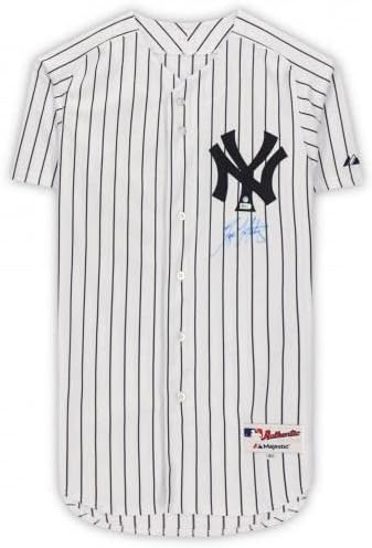 Бяла риза Majestic Authentic с автограф Tino Мартинес от Ню Йорк Янкис в кадър - Подпис отпред - Тениски MLB с автограф